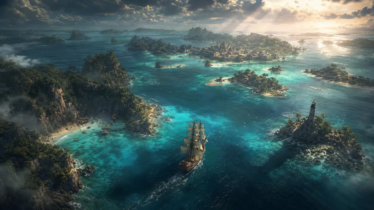 Une frégate navigue entre des îles tropicales, un port fortifié et un phare